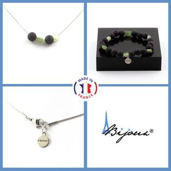 Bracelet Necklace Set Green apatite from Madagascar + Lava 8 mm beads. Stainless steel chain.