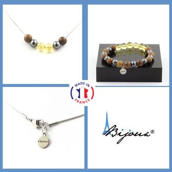 Bracelet Necklace Set Citrine + Hematite + wood 8 mm beads. Stainless steel chain.