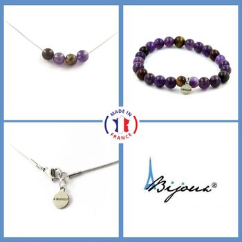 Parure Bracelet Collier Perles Oeil de Tigre multicolore + Améthyste 8 mm. Chaine en acier inoxydable.