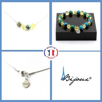 Parure Bracelet Collier Perles Chrysocolle de Namibie + Citrine 8 mm. Chaine en acier inoxydable.