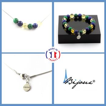 Bracelet Necklace Set Citrine + Lapis Lazuli + Malachite 8 mm. Stainless steel chain.