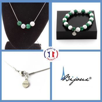 Parure Bracelet Collier 4 Perles Howlite + Malachite 8 mm. Chaine en acier inoxydable.