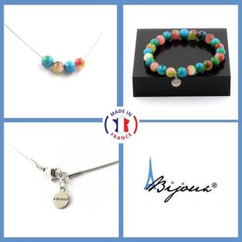 Parure Bracelet Collier 4 Perles Tourmaline melon d'eau + Chrysocolle 8 mm. Chaine en acier inoxydable.