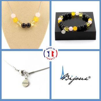 Parure Bracelet Collier Perles Obsidienne noire + Agate jaune + Citrine + Quartz rose 8 mm. Chaine en acier inoxydable.