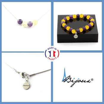 Parure Bracelet Collier 4 Perles Améthyste + Agate jaune 8 mm. Chaine en acier inoxydable.