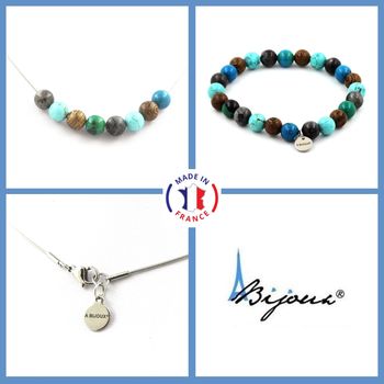 Bracelet Necklace Set Turquoise + Chrysocolla + Labradorite + wood Beads 8 mm. Stainless steel chain.