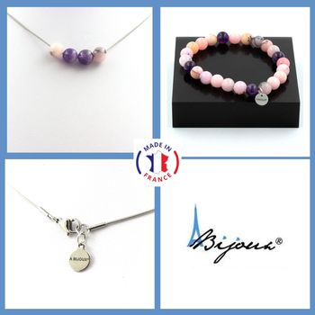 Bracelet Necklace Set Pink Opal + Amethyst Beads 8 mm. Stainless steel chain.