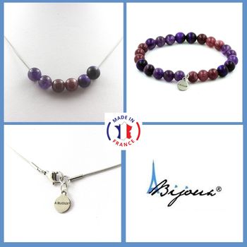 Parure Bracelet Collier Perles Oeil de Tigre violet + Améthyste + Lépidolite 8 mm. Chaine en acier inoxydable.
