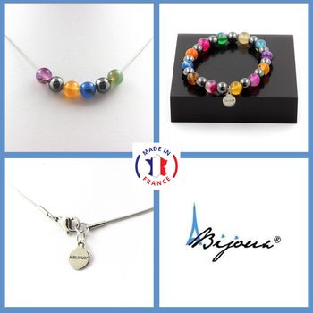 Parure Bracelet Collier Perles Agate rubanée multicolore + Hématite 8 mm. Chaine en acier inoxydable.