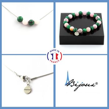 Bracelet Necklace Set Pink Opal + Malachite Beads 8 mm. Stainless steel chain.