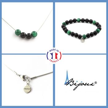 Parure Bracelet Collier Perles Agate noire + Mica vert de Tanzanie 8 mm. Chaine en acier inoxydable.