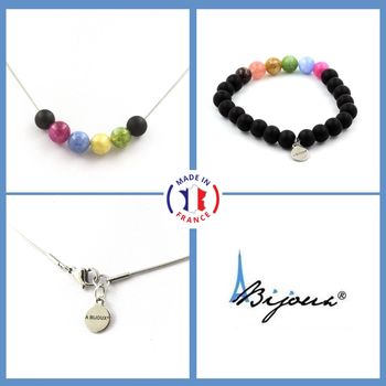 Parure Bracelet Collier Perles Tourmaline multicolore + Onyx noir mat 8 mm. Chaine en acier inoxydable.