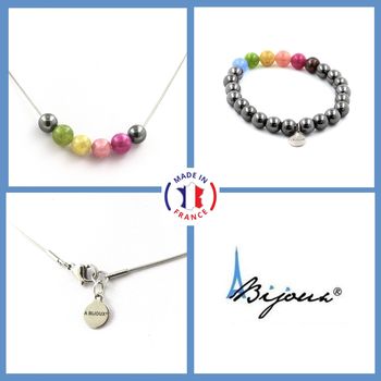 Parure Bracelet Collier Perles Tourmaline multicolore + Hématite 8 mm. Chaine en acier inoxydable.