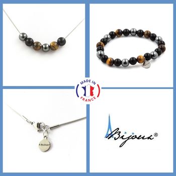 Bracelet Necklace Set Tiger's Eye + Hematite + Black Agate Beads 8 mm. Stainless steel chain.