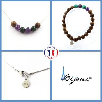 Bracelet Necklace Set Malachite from Congo + Amethyst + wood Beads 8 mm. Stainless steel chain.