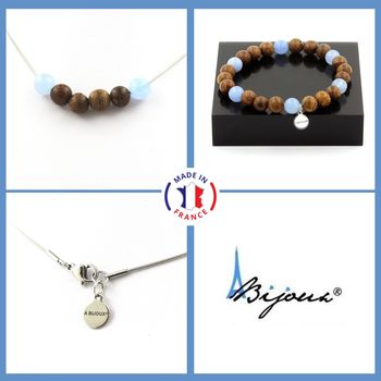 Parure Bracelet Collier Perles Aigue-Marine + bois 8 mm. Chaine en acier inoxydable.