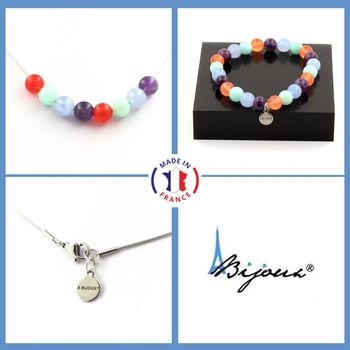 Parure Bracelet Collier Perles Aigue-Marine + Amazonite + Améthyste + Calcédoine orange 8 mm. Chaine en acier inoxydable.