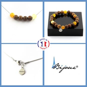 Parure Bracelet Collier Perles Sardonyx jaune + bois 8 mm. Chaine en acier inoxydable.
