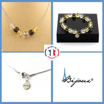 Bracelet Necklace Set Smoky Quartz + Citrine + Quartz Beads 8 mm. Stainless steel chain.