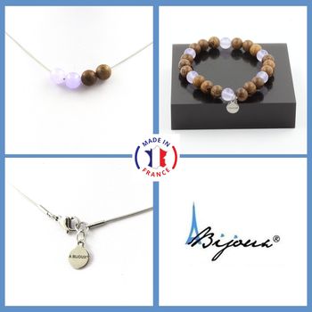 Parure Bracelet Collier Perles Calcédoine lavande + bois 8 mm. Chaine en acier inoxydable.