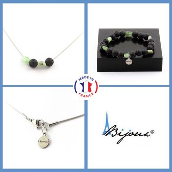 Bracelet Necklace Set Green Apatite from Madagascar + Lava Beads 8 mm. Stainless steel chain.