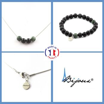 Parure Bracelet Collier Perles Agate noire + Seraphinite de Russie 8 mm. Chaine en acier inoxydable.
