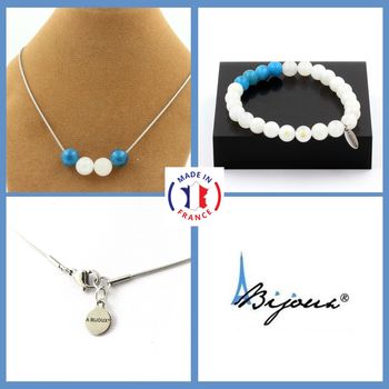 Bracelet Necklace Set Moonstone + Apatite Beads 8 mm. Stainless steel chain.