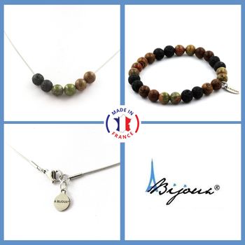 Bracelet Necklace Set Unakite + Lava + wood Beads 8 mm. Stainless steel chain.