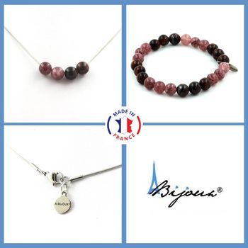 Parure Bracelet Collier Perles Oeil de Tigre rouge + Lépidolite 8 mm. Chaine en acier inoxydable.