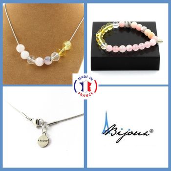 Bracelet Necklace Set Pink Opal + Rose Quartz + Citrine + Quartz Beads 8 mm. Stainless steel chain.