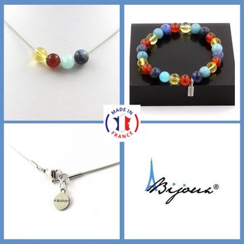 Bracelet Necklace Set Sodalite + Aquamarine + Red Agate + Citrine Beads 8 mm. Stainless steel chain.