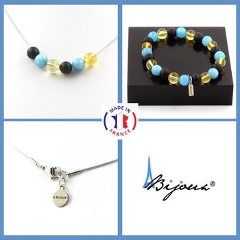 Bracelet Necklace Set Citrine + Blue Chalcedony + Matte Black Onyx Beads 8 mm. Stainless steel chain.