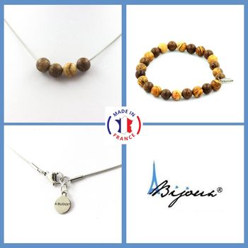 Bracelet Necklace Set Landscape Jasper + Wood Beads 8 mm. Stainless steel chain.