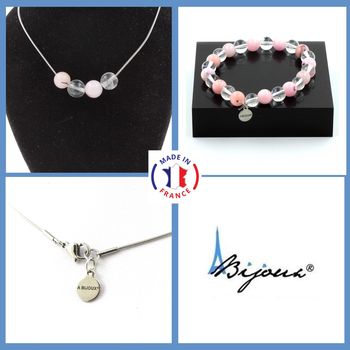 Bracelet Necklace Set Pink Opal + Quartz Beads 8 mm. Stainless steel chain.