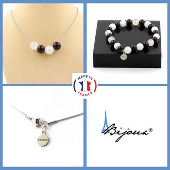 Bracelet Necklace Set Moonstone + Black Agate 4 Beads 8 mm. Stainless steel chain.