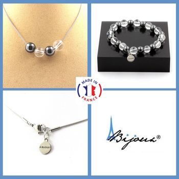 Bracelet Necklace Set Quartz + Hematite 4 Beads 8 mm. Stainless steel chain.