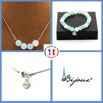 Parure Bracelet Collier 4 Perles Angélite + Pierre de lune 8 mm. Chaine en acier inoxydable.