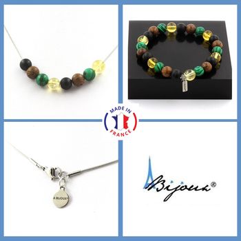 Bracelet Necklace Set Citrine + Malachite + Matte black Onyx + wood Beads 8 mm. Stainless steel chain.