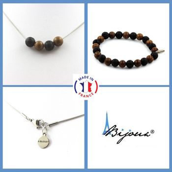 Bracelet Necklace Set Lava + wood 4 Beads 8 mm. Stainless steel chain.