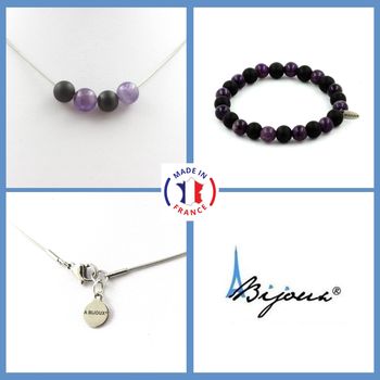 Bracelet Necklace Set Amethyst + Matte Black Onyx 4 Beads 8 mm. Stainless steel chain.