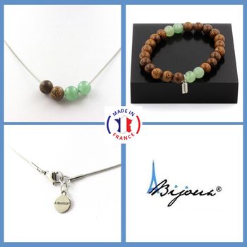 Bracelet Necklace Set Aventurine + wood 4 Beads 8 mm. Stainless steel chain.