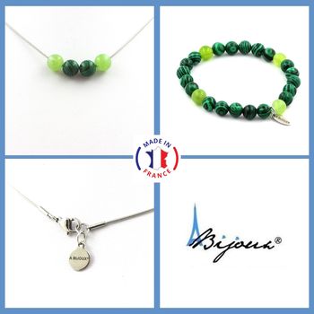 Bracelet Necklace Set Malachite + Peridot 4 Beads 8 mm. Stainless steel chain.