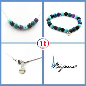 Bracelet Necklace Set Amethyst + Tinted Chrysocolla + Black Agate + Turquoise Howlite Beads 8 mm. Stainless steel chain.