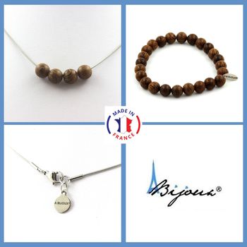 Bracelet Necklace Set Wood 4 Beads 8 mm. Stainless steel chain.