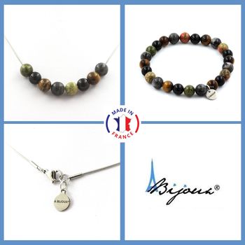 Parure Bracelet Collier Perles Labradorite + Oeil de Tigre + Unakite + Agate noire 8 mm. Chaine en acier inoxydable.