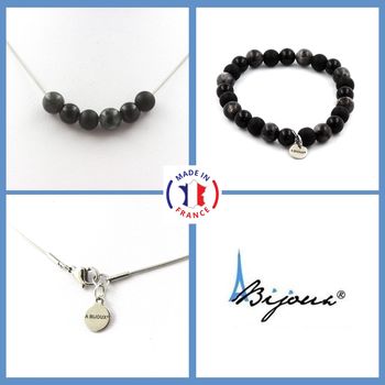 Parure Bracelet Collier Perles Labradorite + Agate noire + Onyx noir mat 8 mm. Chaine en acier inoxydable.