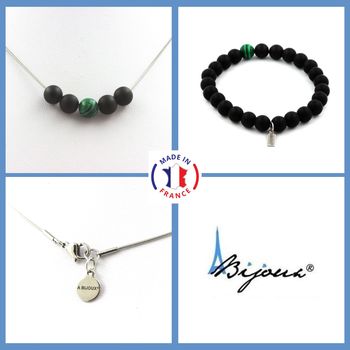 Bracelet Necklace Set Malachite + Matte Black Onyx Beads 8 mm. Stainless steel chain.