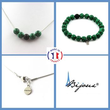 Bracelet Necklace Set Matte Black Onyx + Malachite Beads 8 mm. Stainless steel chain.