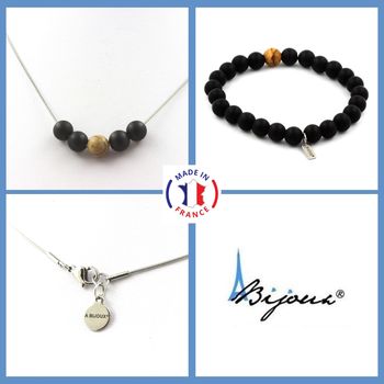Bracelet Necklace Set Matte Black Onyx + Landscape Jasper Beads 8 mm. Stainless steel chain.