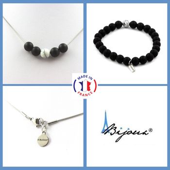 Bracelet Necklace Set Matte Black Onyx + Howlite Beads 8 mm. Stainless steel chain.
